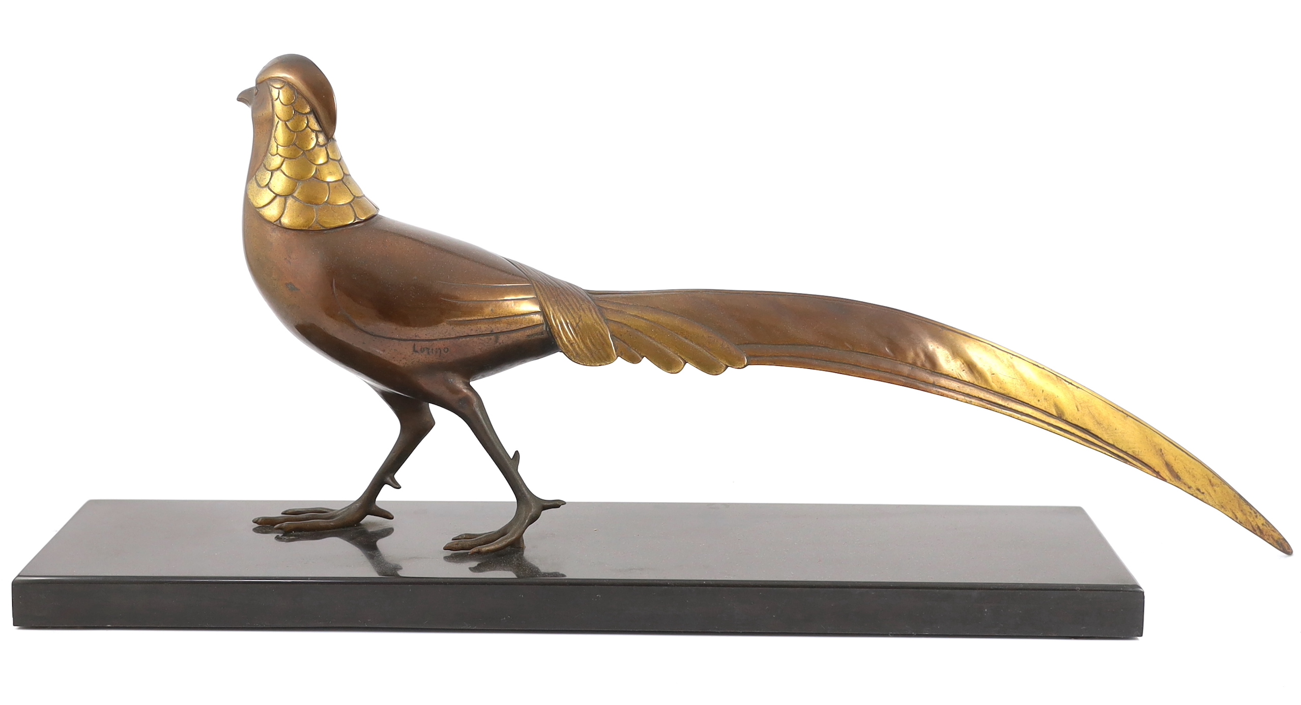 Lorino. An Art Deco bronze model of a golden pheasant, 77cm long, 17cm deep, 33cm high